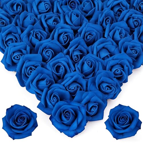 Image of 100Pcs Real Looking Royal Blue with Diamonds Artificial Rose Flower Heads, Foam Fake Roses for DIY Wedding Decorations Baby Shower Centerpieces Home Party Valentine's Day Mother's Day Decor