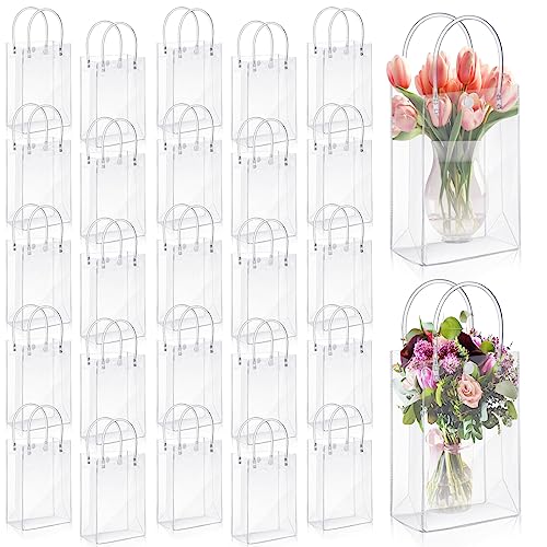 LEIFIDE 50pcs Clear Plastic Gift Bags with Handles PVC Reusable Transparent Totes Bags for Goodie Candy School Birthday Party(7.1 x 9.4 x 3.1 Inch)