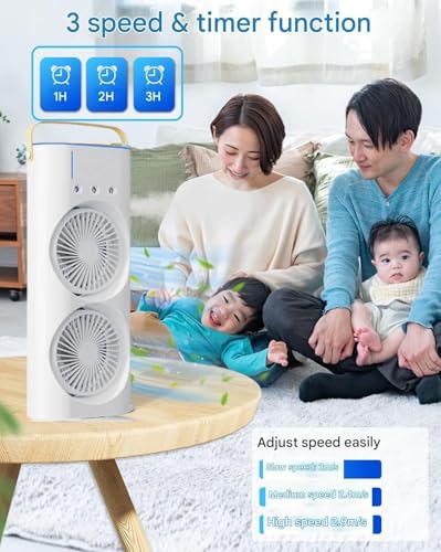 Image of (10 YEARS WARRANTY) Portable Double Ended Spray Fan with Powerful Cooling, Adjustable 3-Speed Modes, USB Rechargeable Battery, Remote & Touch Control, and Ice Chamber