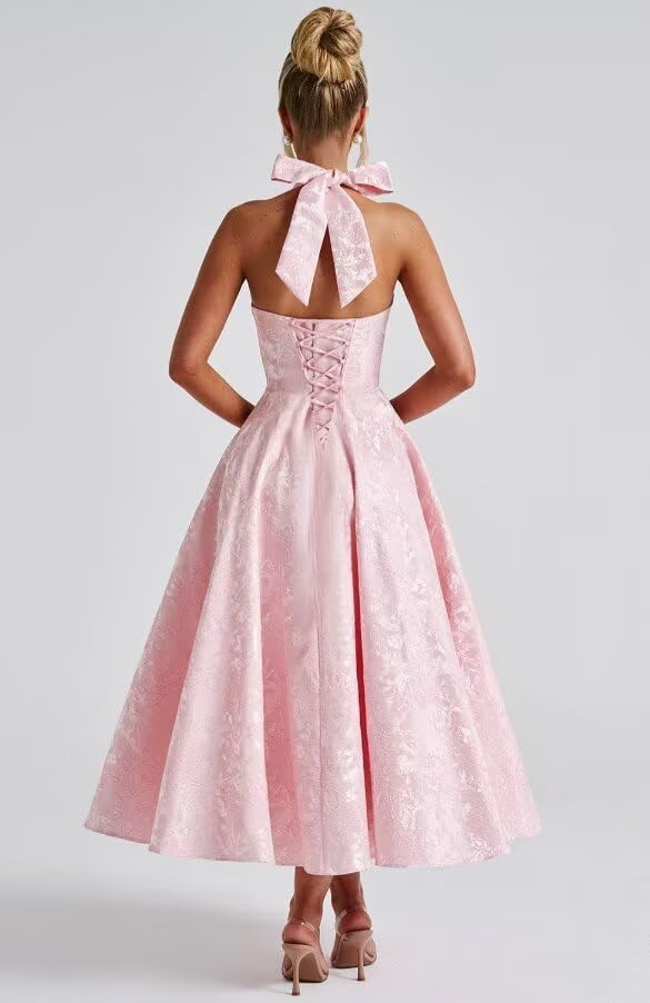 Verngo Satin Jacquard Tea Length Prom Dress for Women 2026 Midi Halter A Line Formal Evening Gowns with Pockets - Image 4