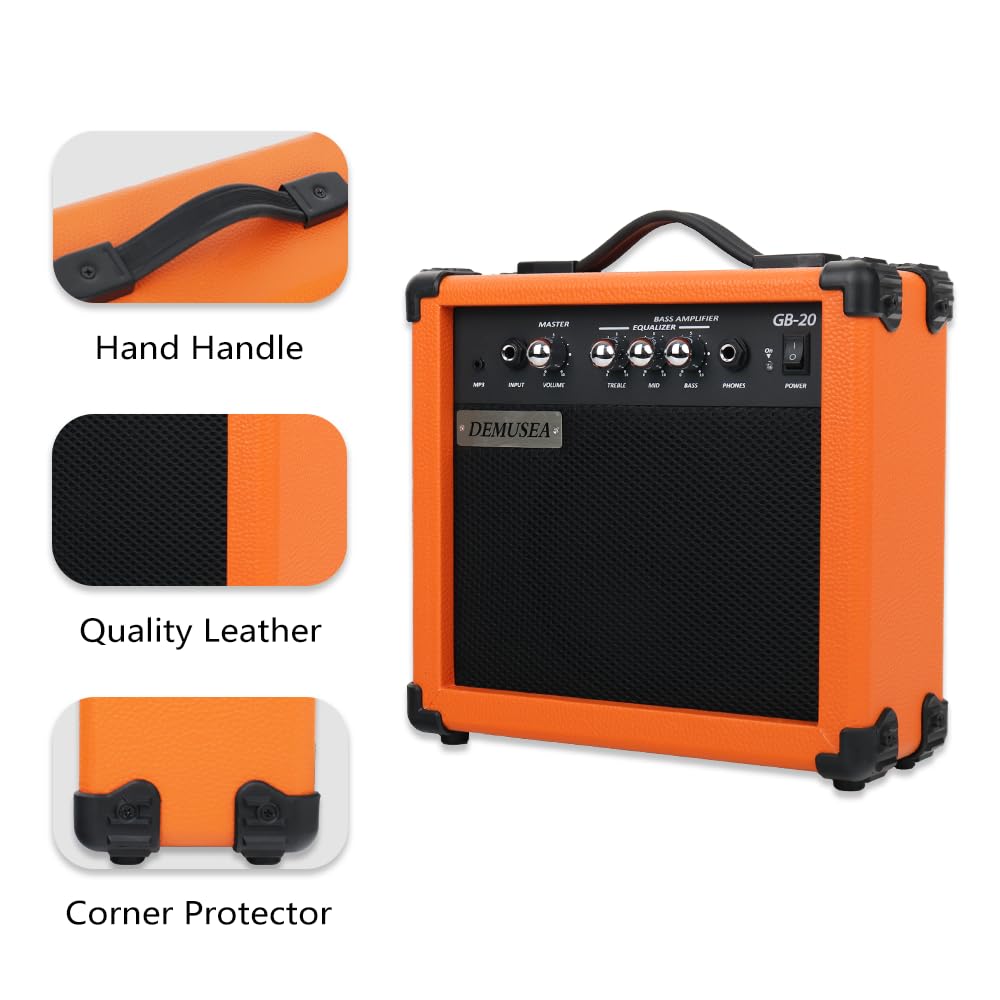 Amplificador de bajo eléctrico portátil naranja de 20 W, mini amplificador de viaje con conector para auriculares auxiliar, agudos, volumen de graves medios