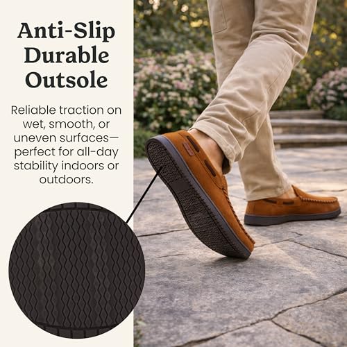 Image of Dearfoams Men's Keaton Moccasin House Shoes With Memory Foam, Indoor Slippers With Wide Widths