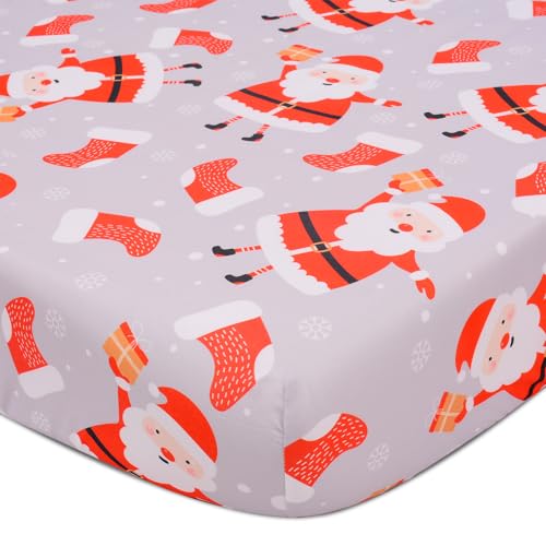 Image of Christmas Crib Sheet, Fitted Crib Sheet with Santa Claus, Christmas Stocking, Snowflake, Measuring 52'' x 28'' to fit Standard Crib & Toddler Mattresses, Gray