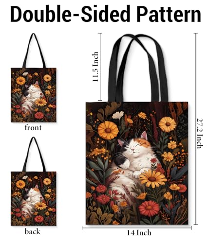 Image of Cute Cat Canvas Tote Bag for Women, Aesthetic Reusable Shoulder Bag for Shopping Travel Work