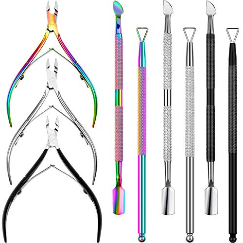9 Pieces Cuticle Trimmer Set, Cuticle Nipper Pusher Clipper Remover Stainless Steel Triangle Cuticle Cutter Spoon Peeler Scraper Nail Cleaner Gel Polish Manicure Tool for Fingernail Toenail, 3 Colors