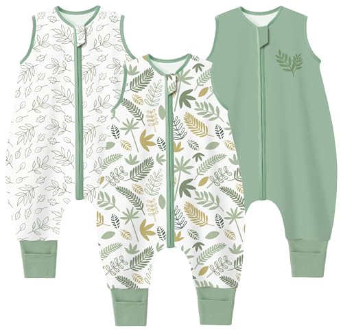 Image of Chilsuessy Toddler Sleep Sack with Feet 3-4 T, 0.5 TOG Cotton Baby Wearable Blanket with Legs, 3 Pack Sleep Bag Walker with 2-Way Zipper, Green Plant