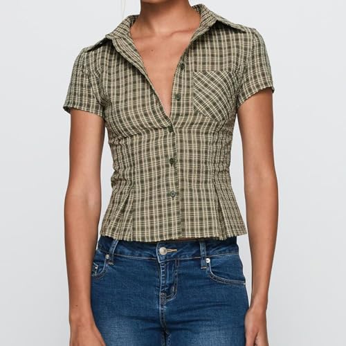 Women's Plaid Button Down Shirts Y2k Summer Basic Ruffle Blouse Casual Lapel Collar Short Sleeve Slim Fit Tops3