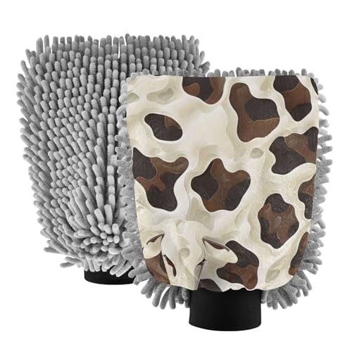 IOACIY Absorbent Microfiber Car Wash Drying Mitts, 2 Pack, Scratch-Free & Lint-Free, Rich Foam, Highly Absorbent, Double Sided, Wash Mitt Perfect for Car Washing, M, Cow (33)