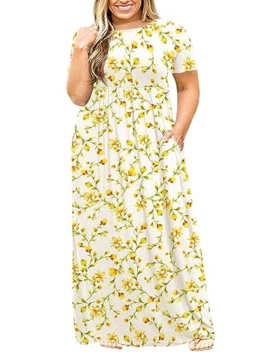 Image of Kancystore Women's Plus Size Maxi Dress with Pockets Summer Dresses XL-5X | Plus Size High Waisted Long Length Beach Dress, Empire Waist Round Neck Casual Dress, Solid Striped Floral Tie Dye Colors