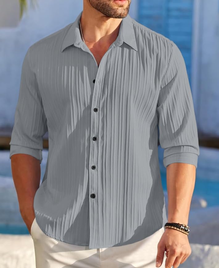 Image of FINIVO FASHION Men's Casual Cotton Polyester Blend Plain Button Down Shirt Long Sleeve Textured Summer Beach Shirt for Men