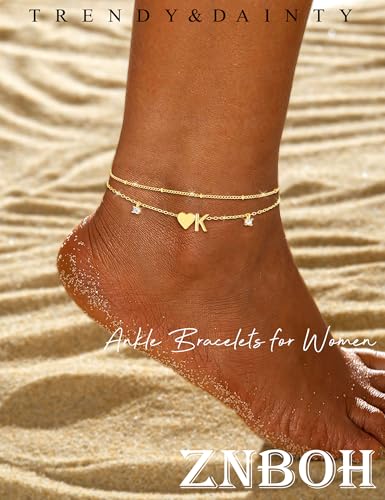 Image of Silver Ankle Bracelets For Women 14k Gold Plated Initial Anklets For Women Waterproof Non Tarnish Dainty Layered CZ Letter A-Z Heart Charm Anklet Set Summer Beach Foot Chain Jewelry Gift