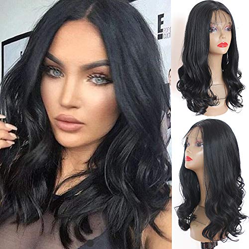 PlatinumHair 180Density #1B Short Bob Wavy Wigs Synthetic Lace Front Wigs Heat Resistant Lace Front Wave Hair Wig 16-18Inch