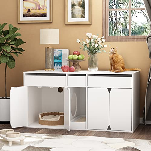 Dawnspaces Cat Litter Box Enclosure For 2 Cats, 43.3 Inch Modern Wood Large Cat Washroom Storage Cabinet Bench End Table Furniture,With 3 Drawers & Removable Litter Box, White #TOP6