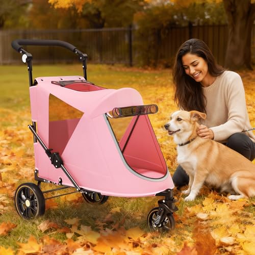 Image of Magshion 3-Wheel Foldable Dog Jogger with Adjustable Handle, Pink | Pet Stroller for Medium Larges, All-Terrain Wheels, Dual Entry, Rear Storage, Breathable Mesh, Up to 55 lbs