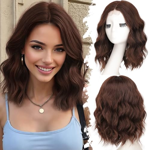 Image of Eawwii Chocolate Brown Short Wavy Wig for Women Lace Hairline Bob Style Synthetic Heat Resistant - Natural Appearance for Everyday Hairstyle 14 Inch