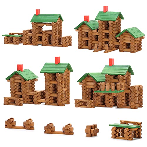 Image of SainSmart Jr. 665 PCS Wooden Log Cabin Set Building House Toy for Toddlers, Classical STEM Construction Kit Compatible with Lincoln Logs for 3+ Kids
