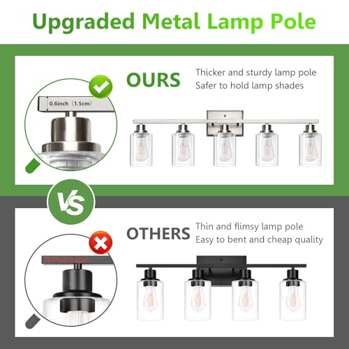 Image of Ascher 5-Light Bathroom Light Fixtures, Modern Brushed Nickel Vanity Lights Over Mirror, Wall Lights with Clear Glass Shades for Hallway, Cabinet, Porch, Bedroom