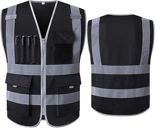 Chaleco de seguridad negro reflectante de alta visibilidad con bolsillos y cremallera, chaleco reflectante de construcción (2XL, negro)
