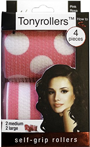 Mia Tonyrollers, Self Adhesive Hair Rollers, Hair Curlers, Pink with White Polka Dots and Stripes, Medium and Large, For Women, Hair Stylists, Girls, Sleepovers, Slumber Parties, 4pcs