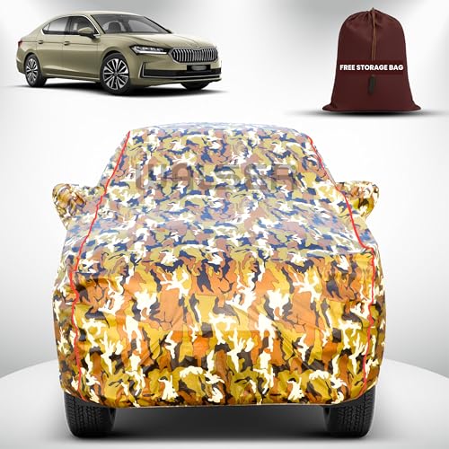Image of Walser Waterproof Car Cover for Skoda Superb | All-Weather Full Car Body Protection | with Mirror & Antenna Pocket | Dustproof, Windproof & Anti-Scratch Lining, Camouflage