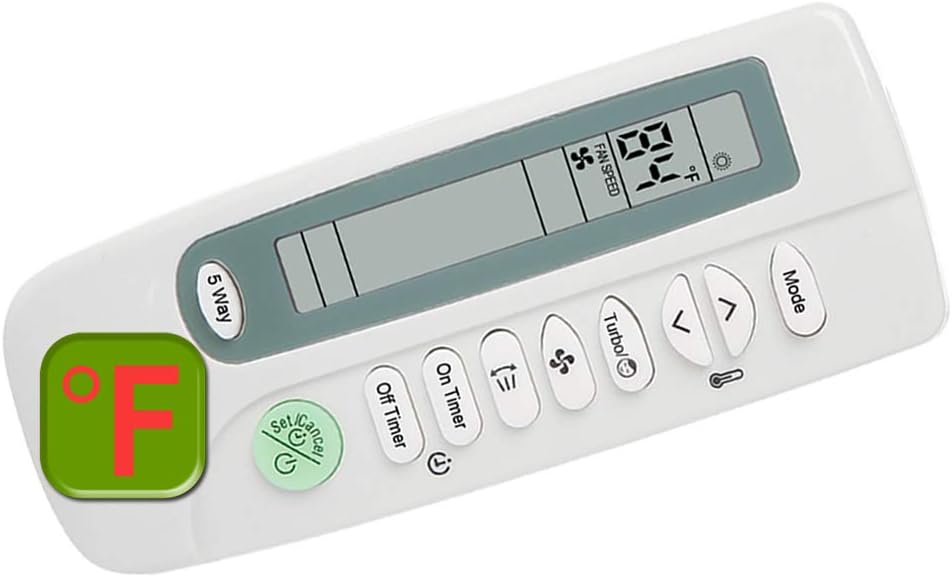 Front view of the remote control with an LCD screen displaying 84 degrees Fahrenheit and fan speed settings.