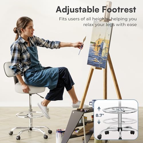Image of SUPERJARE Drafting Chair with Back, Adjustable Foot Rest Rolling Stool, Multi-Purpose Office Desk Chair, Thick Seat Cushion for Home Bar Kitchen Shop - White