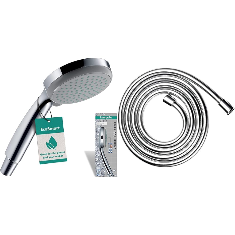 hansgrohe Croma 100 - Pommeau de douche économie d'eau avec 9 l/min (EcoSmart), Douchette à main & Isiflex - Flexible de douche universel 2,00 m, tuyau de douche avec protection anti-pliure
