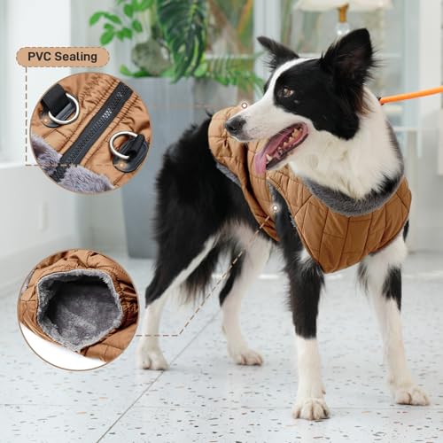 JoyDaog Warmer Fleece-Hundemantel mit strapazierfähigem Geschirr und D-Ring, wasserdichte Welpenjacke für kleine Hunde, Hundeweste für den kalten Winter, brüniertes Khaki, Größe M