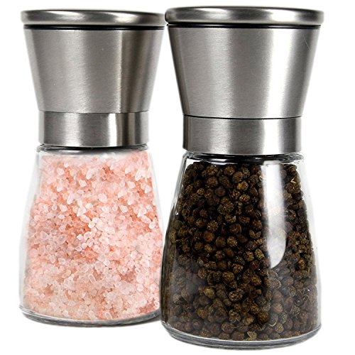 Salt and Pepper Grinder Set - Brushed Stainless Steel Top and Glass Bottle - Salt & Pepper Mill Pair with 5 Adjustable Coarseness Settings and Glass Body - Salt & Pepper Shaker Set By Grindmill