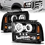 AmeriLite for 2005-2007 Ford F250 F350 F450 Superduty Xtreme LED Halo Rim Black Projector Headlight Pair - Passenger and Driver Side