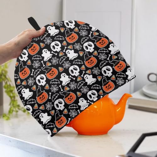Image of Hudotybom Halloween Tea Cosy Teapot Cover Pumpkin Skull Coffee Warmer Cozy Kettle Cover Water Kettle Protector Kitchen Cozies Insulated