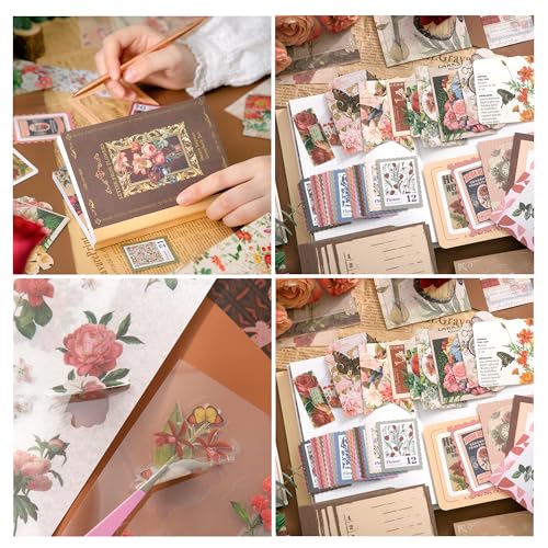 Image of The AutoStory Postmark Scrapbook Album A6 Junk Journal Stickers Art Collage Papers Washi Tape DIY Craft Diary Embellishment Accessories Decoration Gift for Teens Girls (Letter from Flowers, Brown)