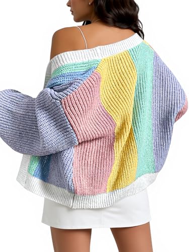 Women's Color Block Open Front Knit Light Cardigan Long Sleeve Chunky Sweater Loose Cropped Tops2