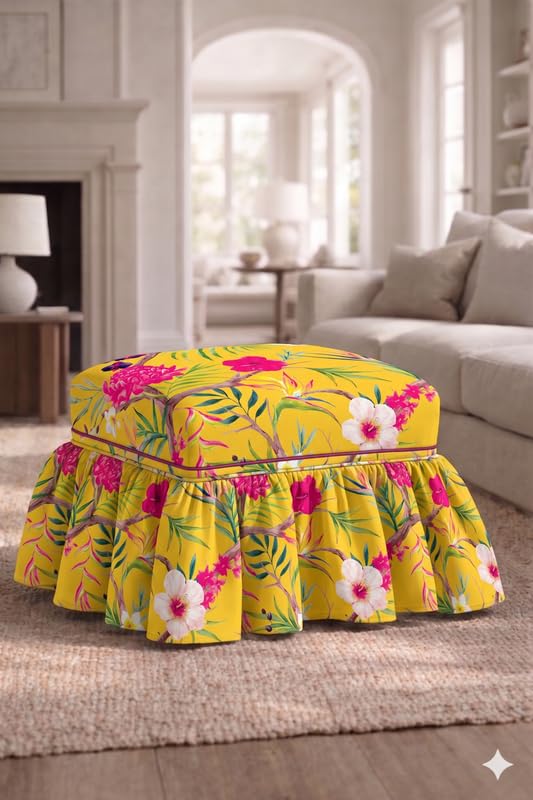 Skirted Pouffe Cover 14x14x15 Inch Yellow Floral, Tailored Pleated Slipcover with Frill, Square Footstool Pouf Cover for Living Room Decor, Machine Washable, THROWPILLOW-image-19