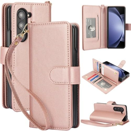 Étui portefeuille pour Samsung Galaxy Z Fold 5 or rose à rabat en cuir