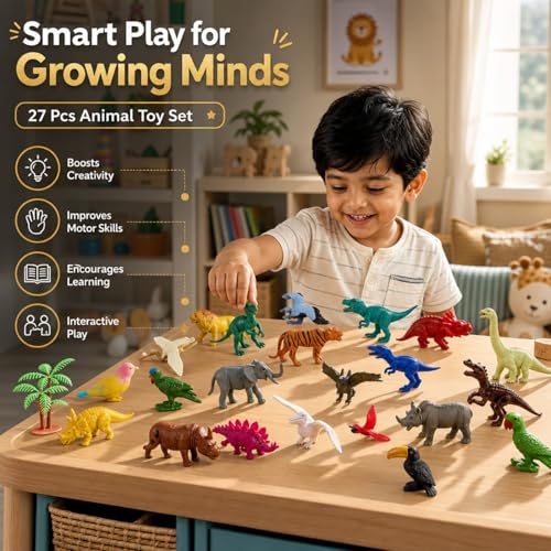 Image of ZESTHOME Animal Figure Toy Set for Kids | Wild Animals, Dinosaurs & Birds with Tree | Realistic Jungle, Safari & Zoo Animal Figurines | Play Gift Toys for Boys & Girls 3+ | 27-Piece