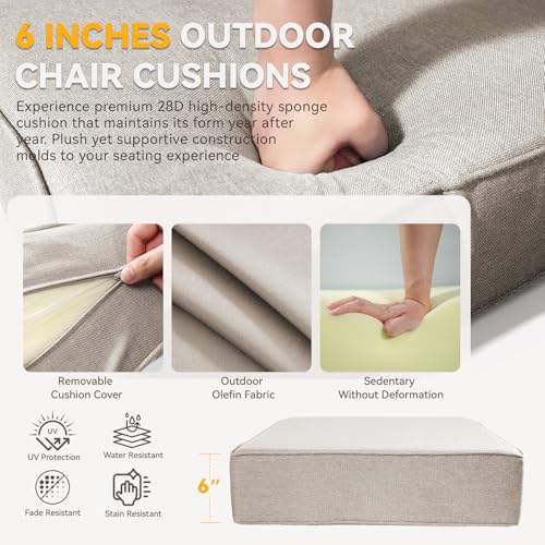 Image of 6 inch Thick Patio Chair Cushions - 24 inch* 24 inch Patio Furniture Cushions with Water Resistant & Removable Cover, 28D High Density Sponge Patio Cushion for Outdoor Furniture Couch Chair Beige