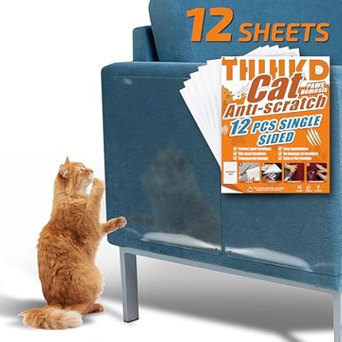 THLHKD Anti Cat Scratch Furniture Protector, 12PCS Single Side Couch Protector for Cats, Cat Scratch Deterrent Tape, Couch Protector, Clear Cat Scratch Deterrent for Furniture Door Walls (12P+50 Pins) Cover