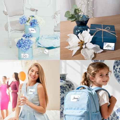 Image of Whaline 180 Pcs Name Tag Stickers Blue Floral Nameplate Sticker Vintage Flower Butterfly Paper Label Decals for Classroom Bulletin Board Office School Desk Wall Decor