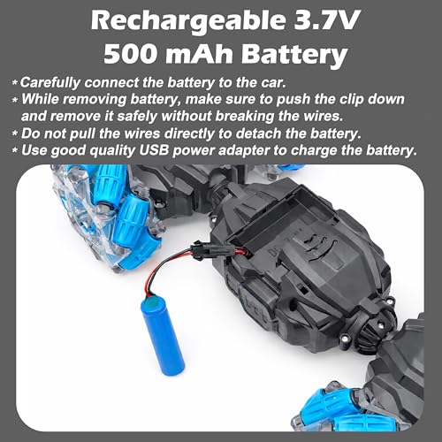 Image of VGRASSP Dual Control Twisting Drift Stunt Mist Car Toy for Kids with Remote Control and Gesture Wrist Controller - Rechargeable 360 Rotating Smoke RC Car Toy with LED Lights, Sound Effects - Blue