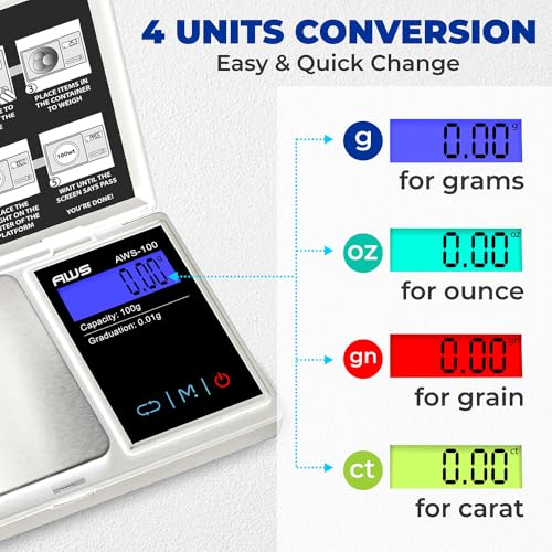 American Weigh Scales Series Digital Pocket Weight Scale Backlit LCD Stainless-Steel Surface 100g x 0.01g, (Silver), AWS-100-SIL