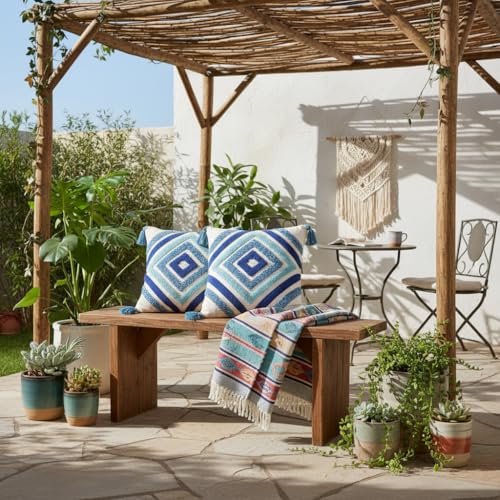 Image of RRC Boho Throw Pillows 16x16 Inch Set of 2 - Soft Mid Century Modern Decorative Pillow Covers, Aesthetic Cushion Cases for Couch, Sofa, Bed & Bedroom Decor (Blue, 16X16(Inches))