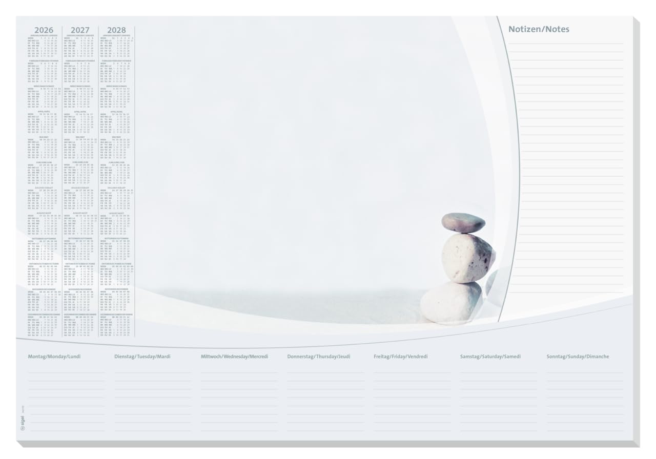 SIGEL H6370 Paper Desk pad- Stones - Grey/Beige - Approx. A2-2026/2027/2028 - DE/EN/FR - 30 Sheets - FSC-Certified