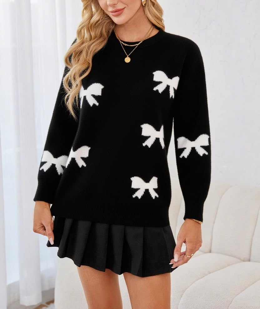 Bow Sweater Women Long Sleeve Crewneck Cute Sweaters Casual Vintage Sweater with Bow Winter Oversized Sweaters3