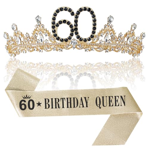 Uiorgui 60th Birthday Crown and Sash for Women 60 Tiara Black Gold 60th Birthday Decorations Gifts Favors for Female Friends Sister Wife Mom