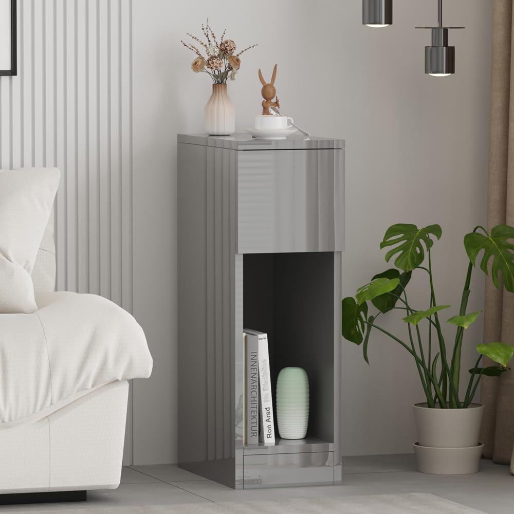 Rainbow Tree Slim Tall Bedside Table Cabinet High Gloss with Drawer & Storage Space for Bedroom, Narrow Sofa Side Table End Table for Living Room, Nightstand Grey — image 1