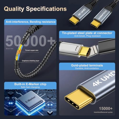 Image of ZeroneTeck USB C Cable 3ft, USB C 3.2 Gen 2X2 Cable, 4K Monitor Video Output, 20Gbps High Speed Data Transfer, 100W Fast Charging for Carplay iPhone 16, MacBook, Dell, ARZOPA, KYY for Portable Monitor