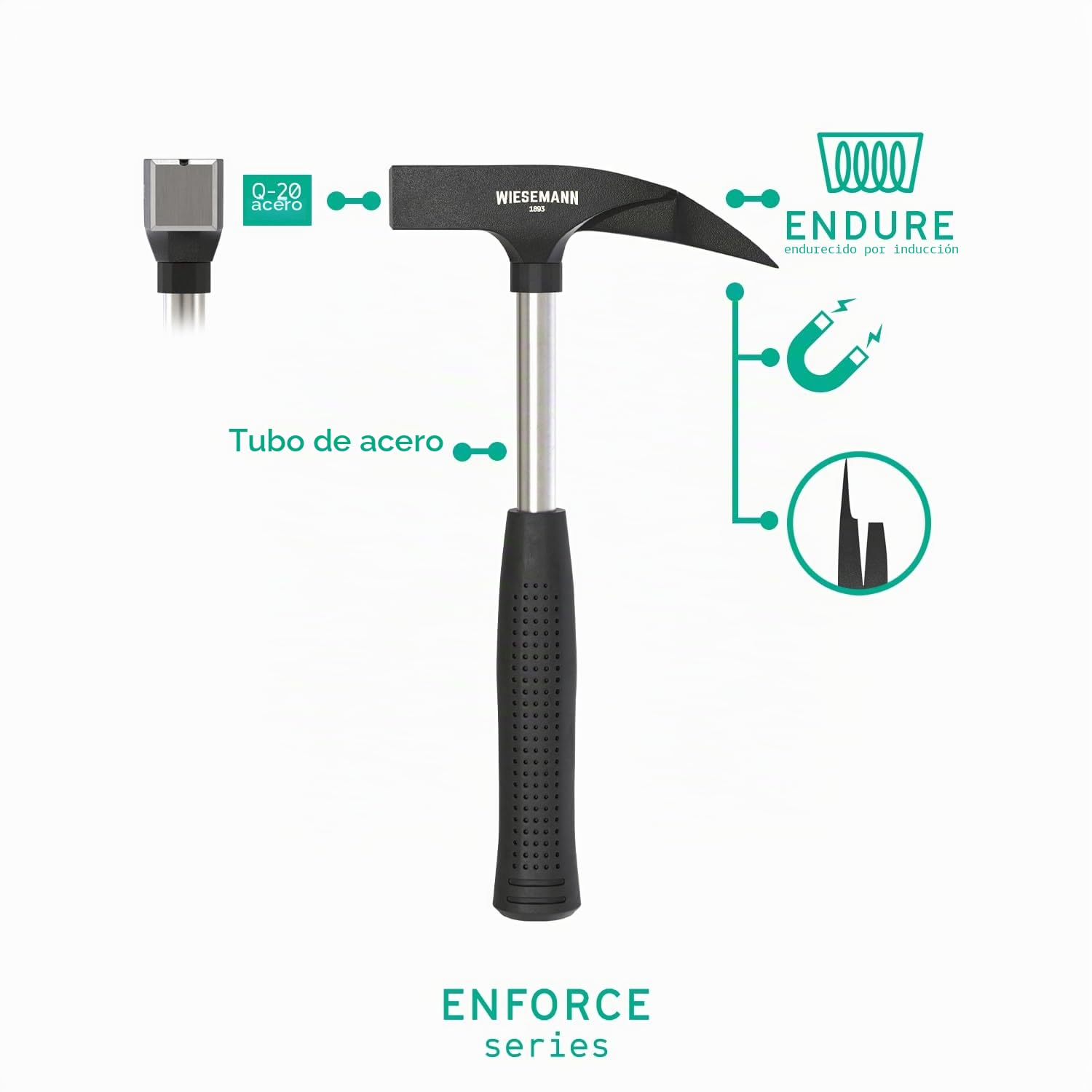 Martillo sacaclavos de 600 g de acero especial con imán de la ENFORCE Serie de WIESEMANN 1893 | Empuñadura rugosa de acero | 80577
