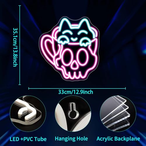 Image of Neon Sign, JGHTURIE Cup Neon Signs for Wall Decor Funny Skull Cat Light Up Sign USB Powered Pink Led Signs for Man Cave Business Coffee Cafe Shop Bakery Hotel Store