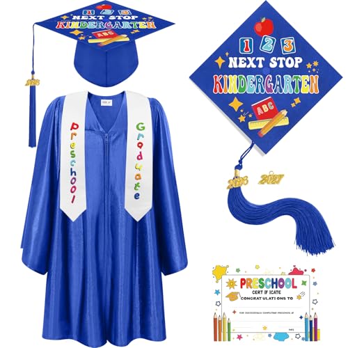 Bokon 4 Pcs 2026 Kindergarten Preschool Graduation Cap and Gown with Tassel Graduation Stole and Certificate for Toddler Kids(33 Royal Blue)